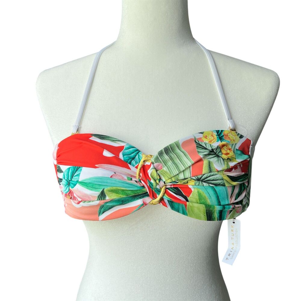 Nwt Trin Turk Swim Sz 0 2 Buckle Bandeau Tropical Halter Tie Boho Vacation Top